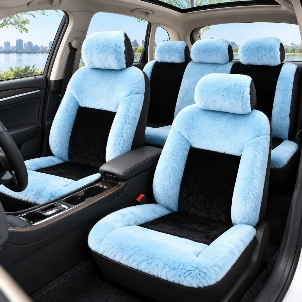 Surface Winter Car Seat Cover Sponge Filling 2/9 Pcs Set Warm Car Seat Pad Simple Design Solid‑color Auto Seat Protector