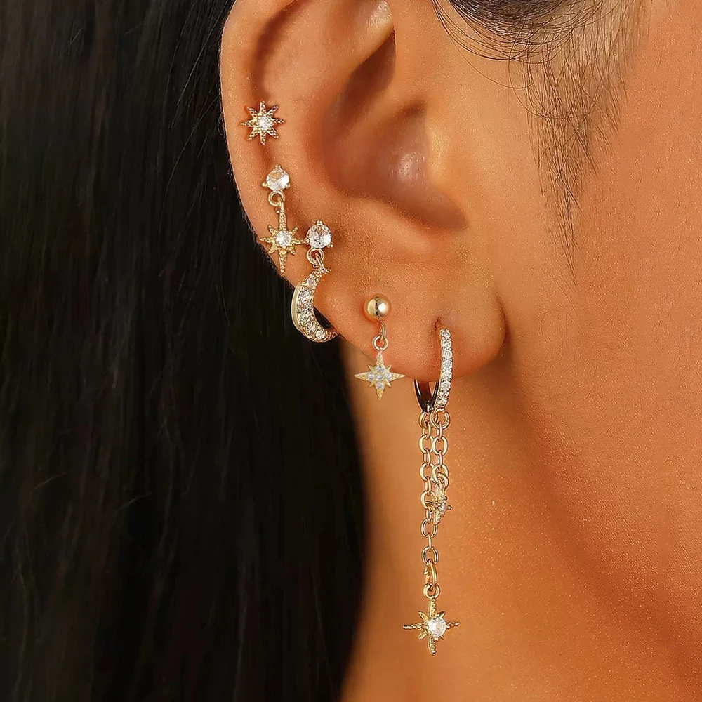 5PCS Elegante Quaste Stern Mond Kette Anhänger Ohr Stud Ohrringe Für Frauen Set 14K Gold Überzogene Kleine Zirkon ohrring Schmuck Geschenk