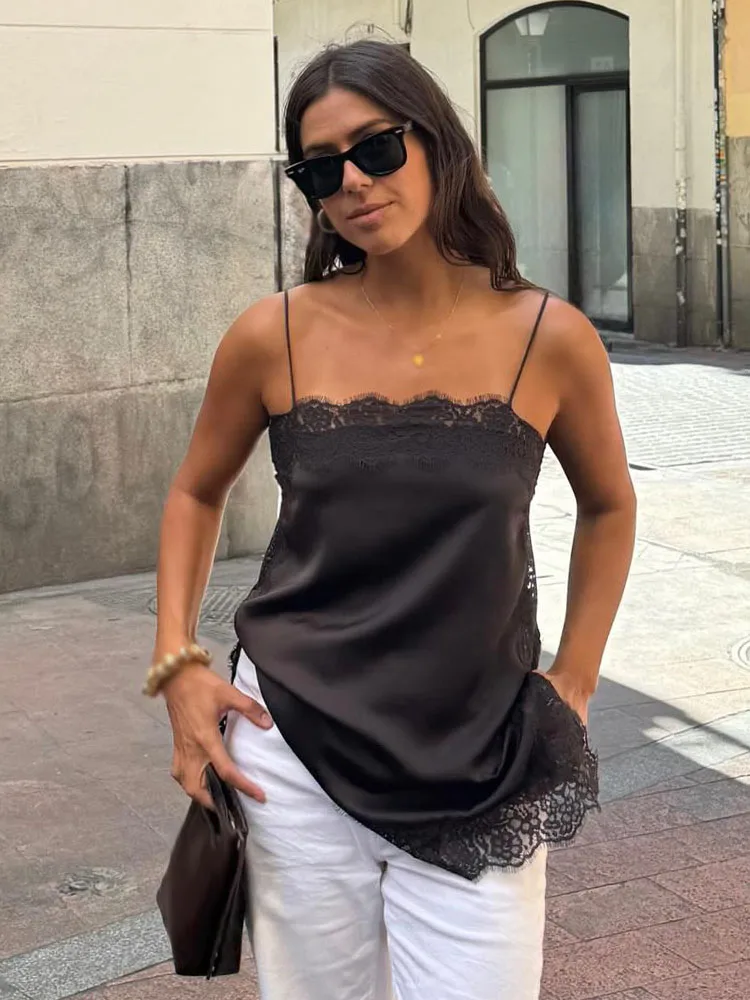 

HH Summer Women New Lace Decoration Backless Sleeveless Sling Top+Elegant Back Zipper Split Hem Satin Texture Midi Skirt Suit