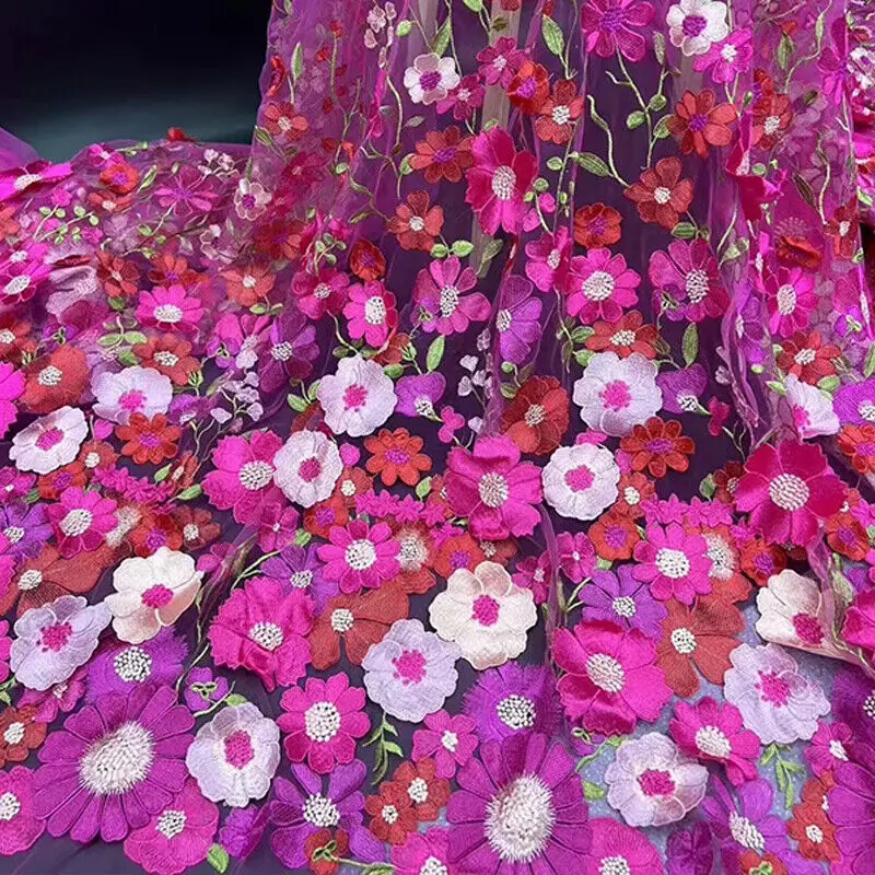 3D Multicolored Floral Embroidered Cloth Mesh Lace Dress Fabric Craft Sunflower Skirt Fabric DIY Sewing Fabric Curtain Cloth