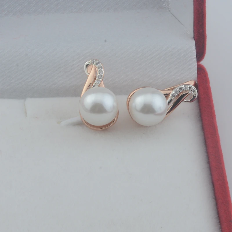 FJ New Simulated Pearl Round White Patterned Women 585 Rose Gold Color Ball Earrings