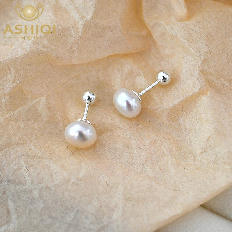 

ASHIQI Korean Style Natural Freshwater Pearl Earrings With 925 Sterling Silver Spiral Buckle for Women