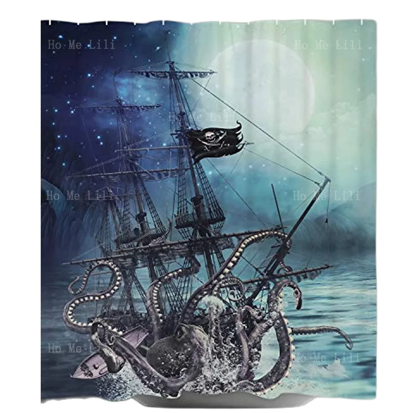 Sea Monster Attack Pirate Ship Octopus Tentacle Sailboat Langshan Moon Starry Shower Curtain