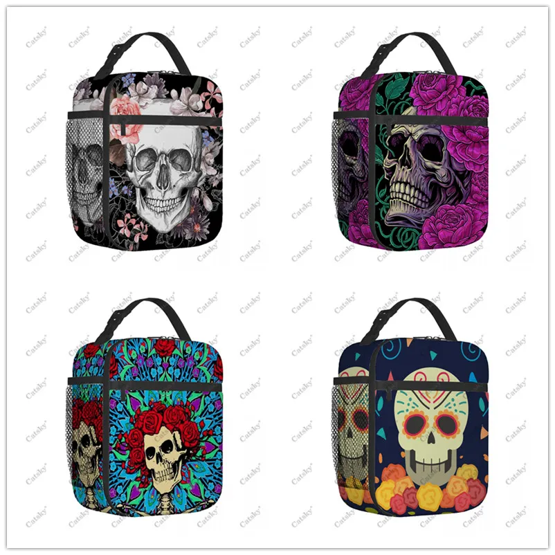 

Skull Floral Skull Print Portable Aluminum Foil Thickened Insulated Insulated Lunch Bag Waterproof Insulated Lunch Tote Bag