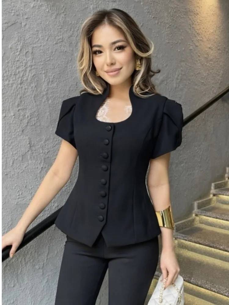 DFDG Women 2026 Spring Summer Lace Detail Blouse Stand Collar Puff Short Sleeve Fitted Waist Button Front Elegant Office Blazer