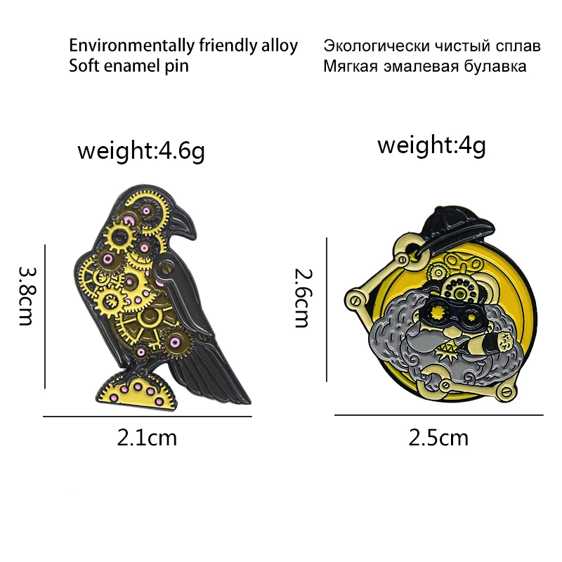 Punk Machine Bird Robot Enamel Pins Gear Turntable Crow Bird Eagle Machinist Brooches Lapel Bag Jewelry Gift for Kids Wholesale