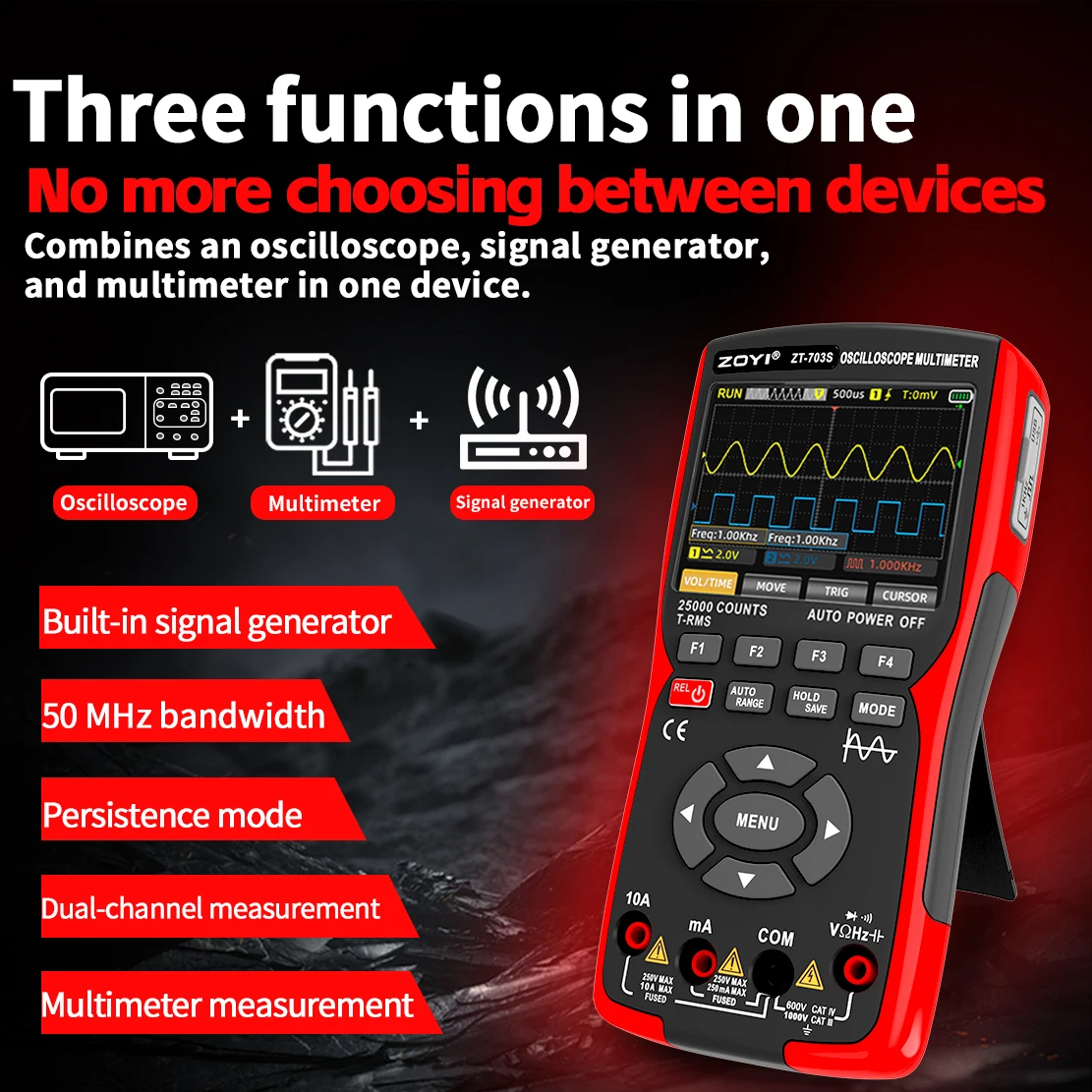 ZOYI ZT-703S 50MHz Zweikanal-Oszilloskop-Multimeter 3-in-1 Signalgenerator für PCB-Stromversorgung und Kfz-Elektronik-Reparatur – Detail 9