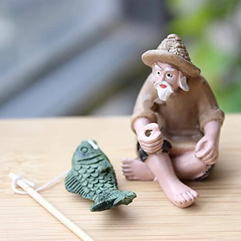 Mini Fisherman Figurines Miniature Resin Fisherman Bonsai Sculpture Vintage Mudman Sitting Fishing Statue