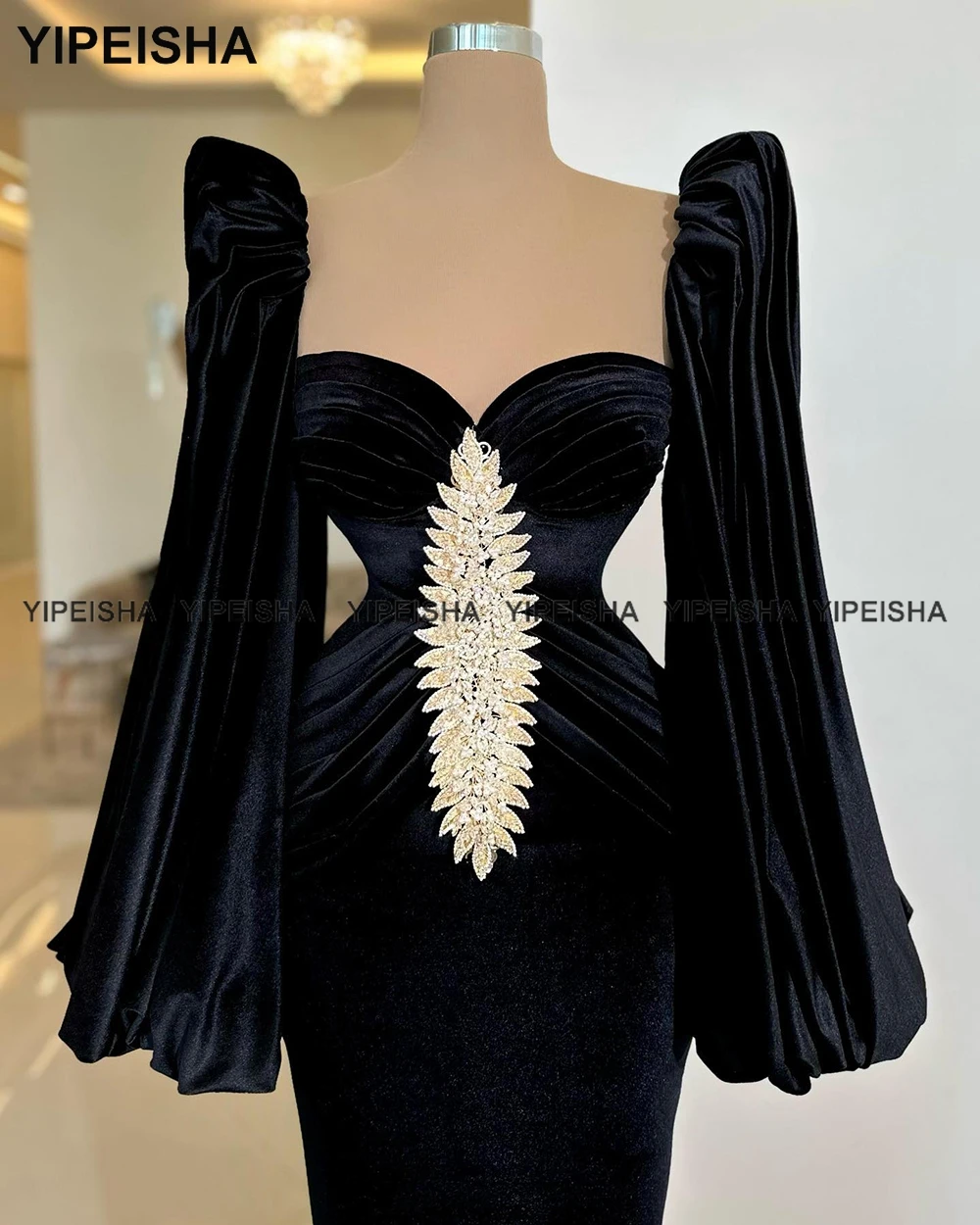 Yipeisha Quadratischen Ausschnitt Meerjungfrau Abendkleid Schwarz Samt Prom Kleid Lange Ärmeln Velours Pageant Party Kleid Nach Maß