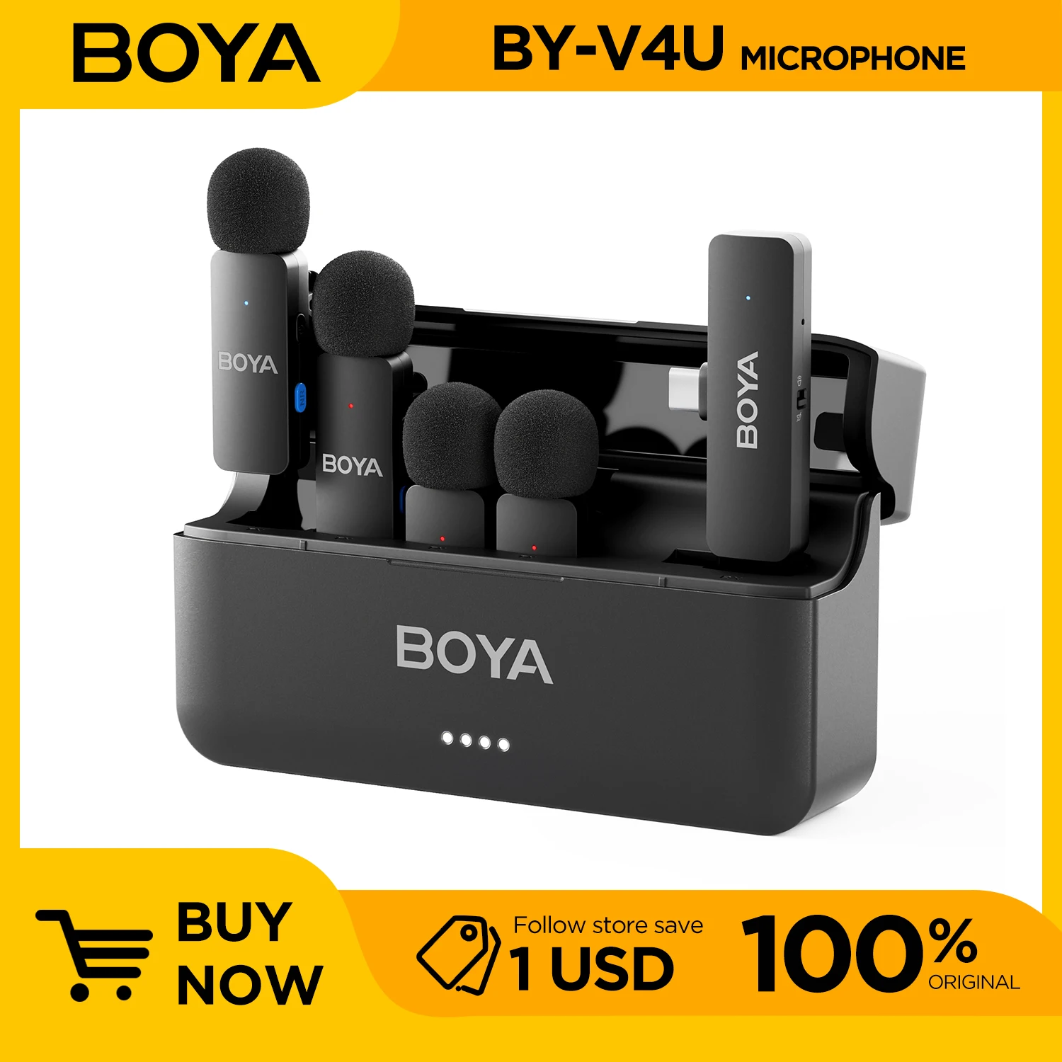 BOYA BY-V4 Wireless Lavalier Lapel Mirophone 4 قطعة ميكروفون إلغاء الضوضاء قابل لإعادة الشحن كاميرا آيفون أندرويد البث المباشر