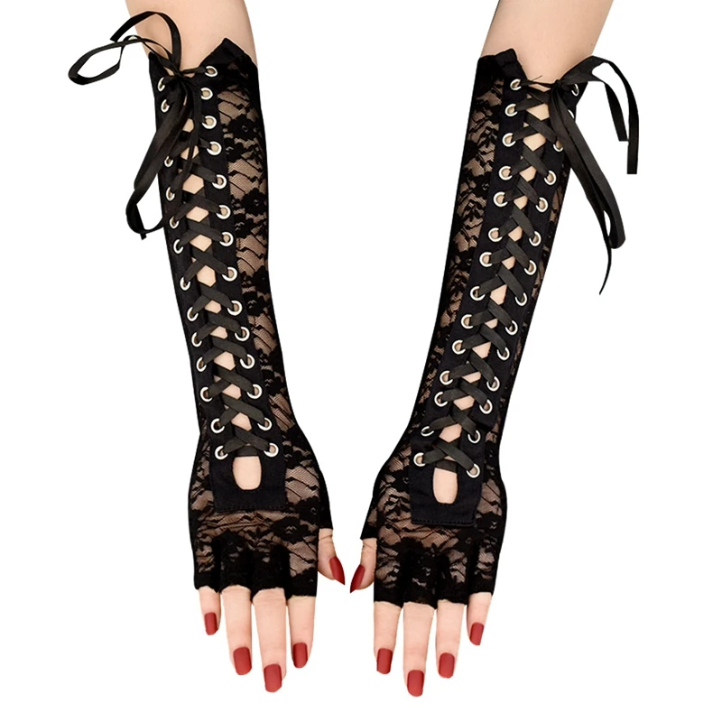 1 Pair Halloween Retro Sexy Women Long Gloves Lace Corset Arm Elbow Fingerless Black Glove