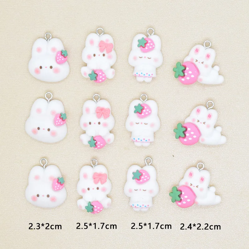 10pcs Pink Strawberry Bunny Rabbit Resin Charms Cute Cartoon Animal Earring Keychain Pendant Making DIY For Jewelry Charm D334