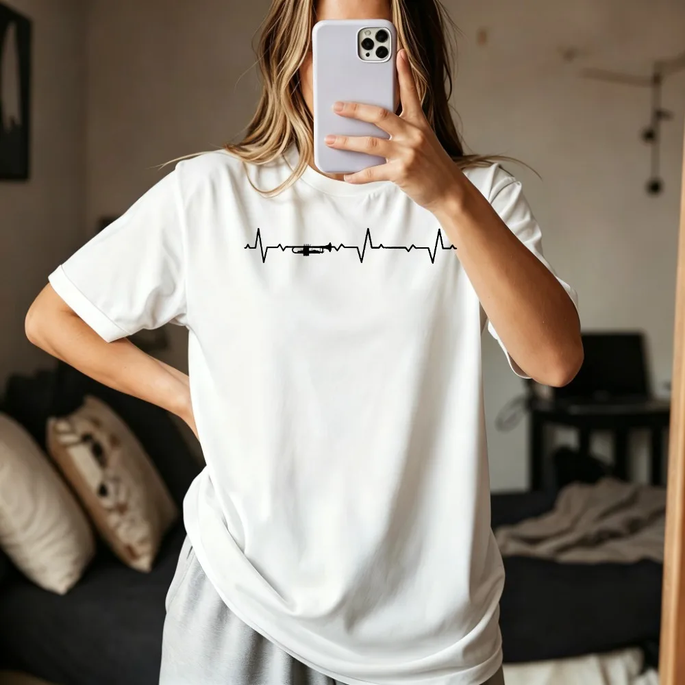 Minimalism Style Trumpet Heartbeat Graphic Printed Classics Tshirt Short Sleeve Casual Fashion Loose Harajuku Man Women Tees