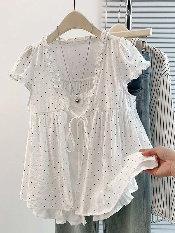 

Loose V-Neck Short Sleeve Doll Shirt Women's Summer Breathable Slimming Young-looking Wood Grain Sweet Style Top