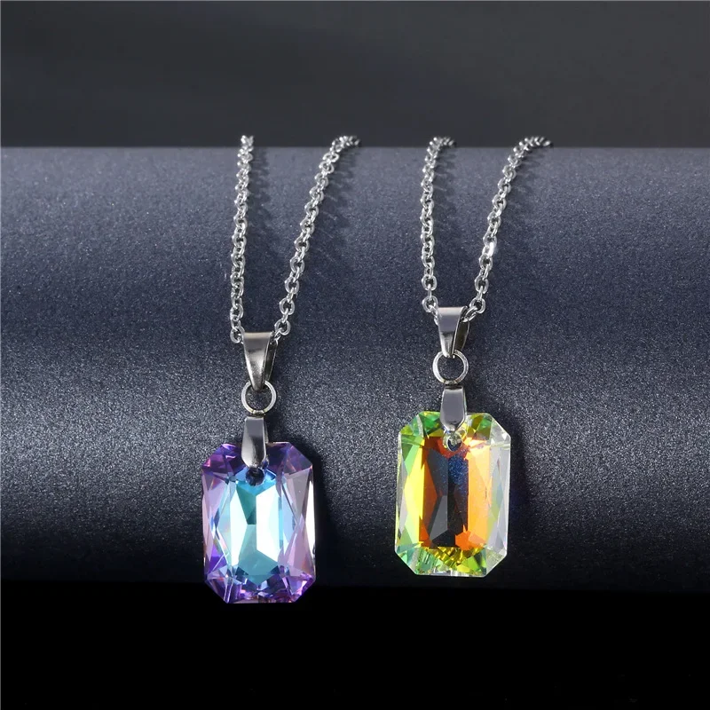 Crystal Rectangle Pendant Necklaces Stainless Steel Short Clavicle Chain Women's Rectangular Geometric Necklace Wholesale New