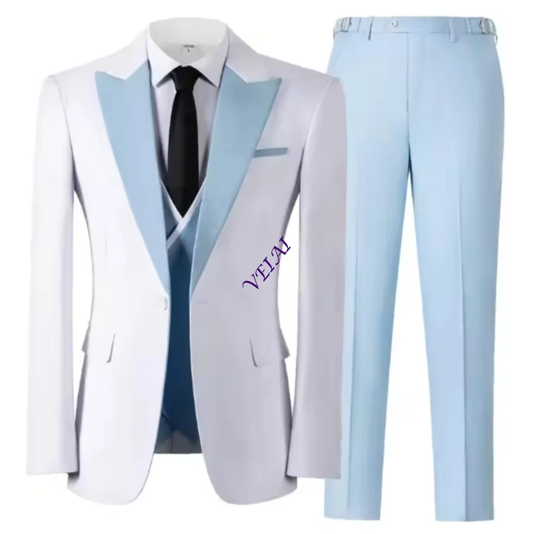 Customized In Stock Men's Suits 3 Piece Regular Fit Peak Lapel Double Breasted Plain Blazer Vest Pants For Prom