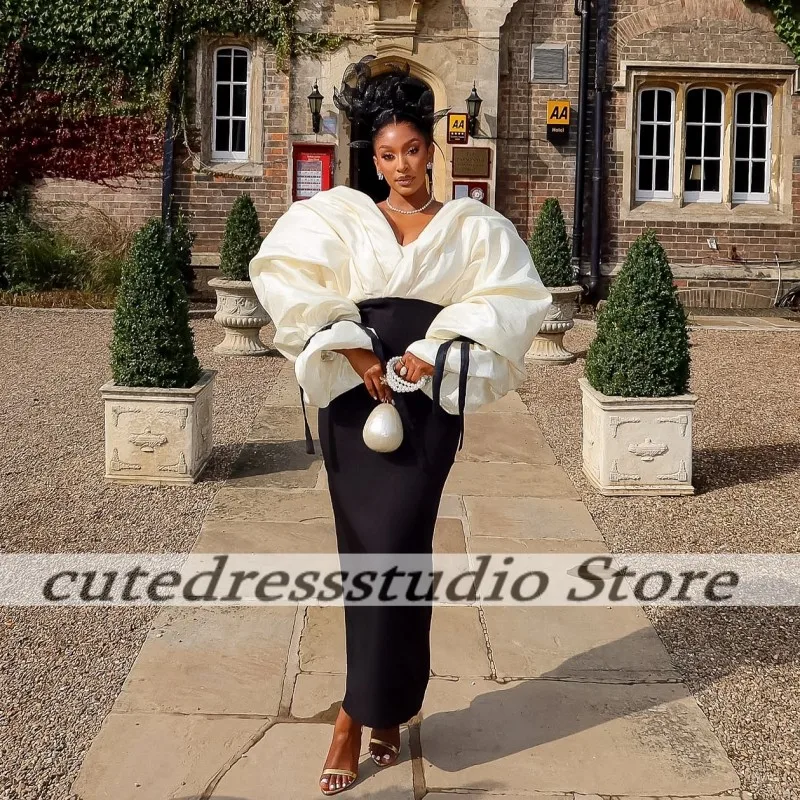 فساتين سهرة متواضعة Aso Ebi للنساء من الساتان بياقة على شكل V وأكمام طويلة فستان حفلات ميدي أفريقي مخصص #2