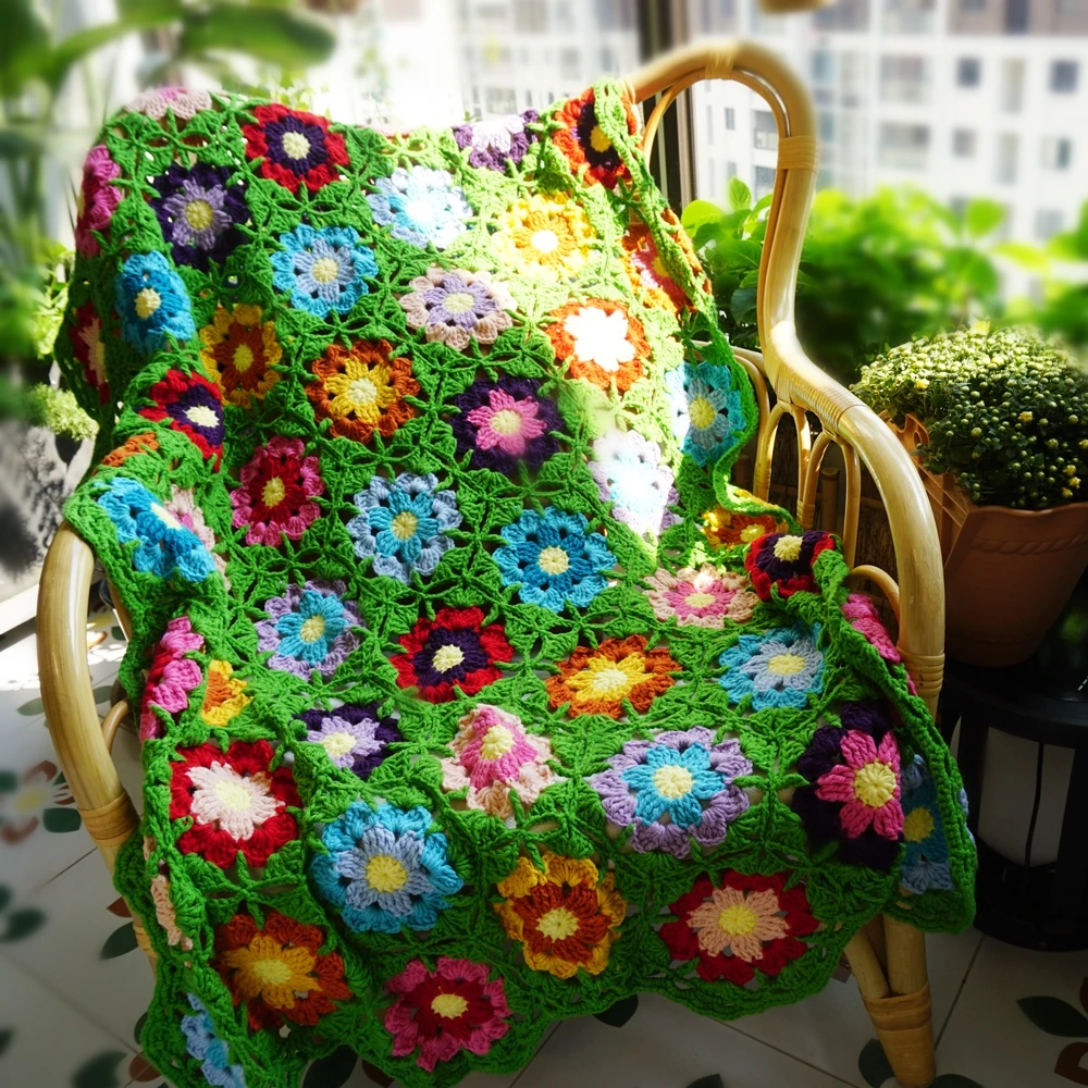 Handmade Granny Square Crochet Throw Green Blanket Sweater Style Year Round Gift Travel Accent for Sofa Home Decor