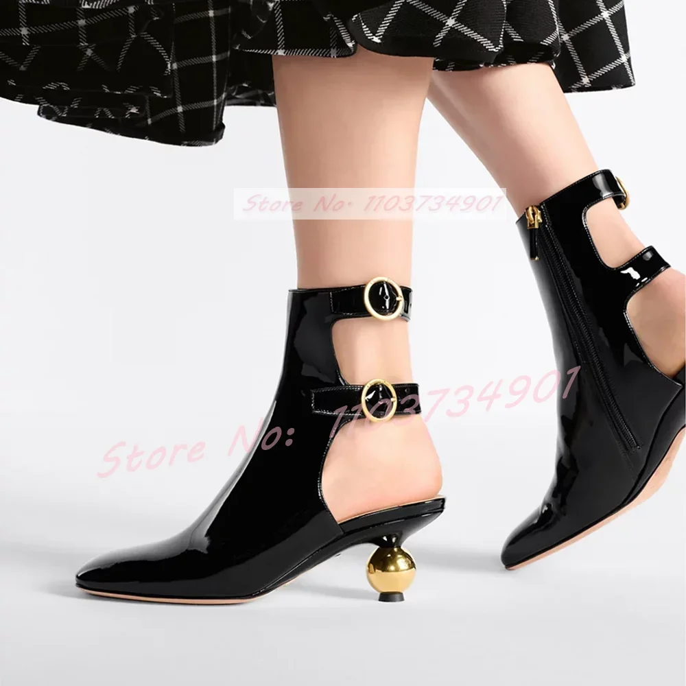 Gold Ball Heel Buckle Strap Mid Calf Sandals Women Fashion Rome Round Toe Strange Style Shoes Female Casual Punk Party Sandals