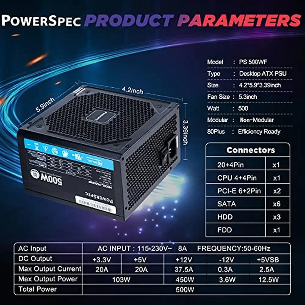 500W Active PFC Gaming PC Power Supply 80 Plus Efficiency SLI Crossfire Compatible Fixed Cable PSU Japan-made Capacitors