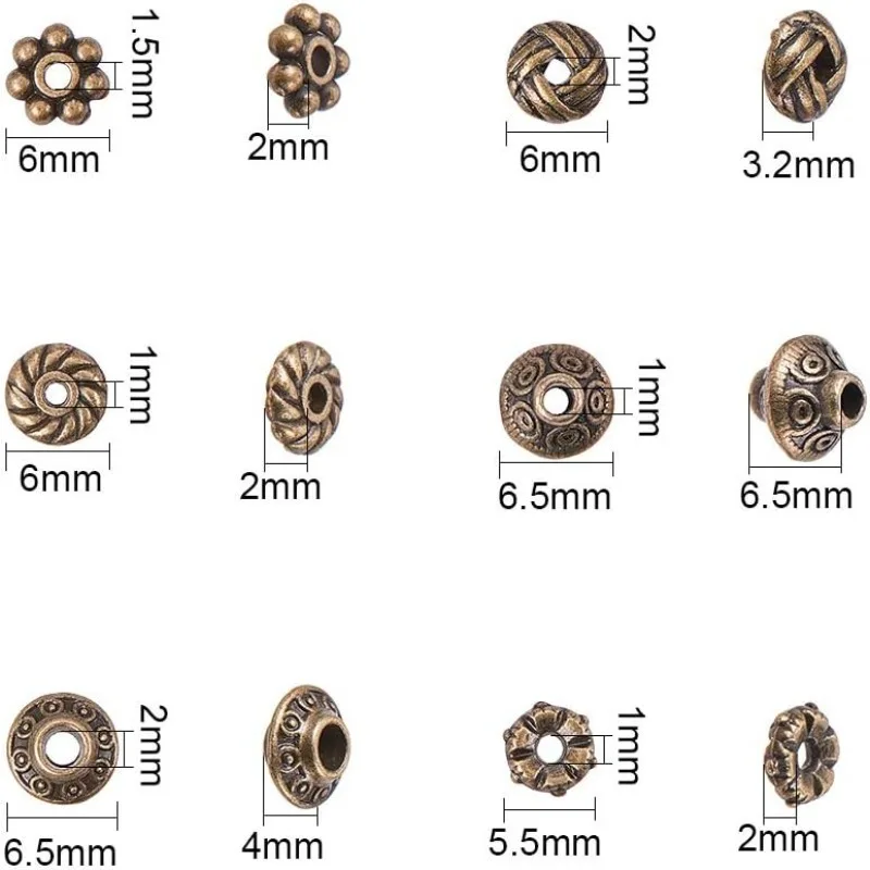 295pcs 6 Style Antique Bronze Spacer Beads Column Flower Bead Spacers for Bracelet Necklace Jewelry Making Findings Accessories