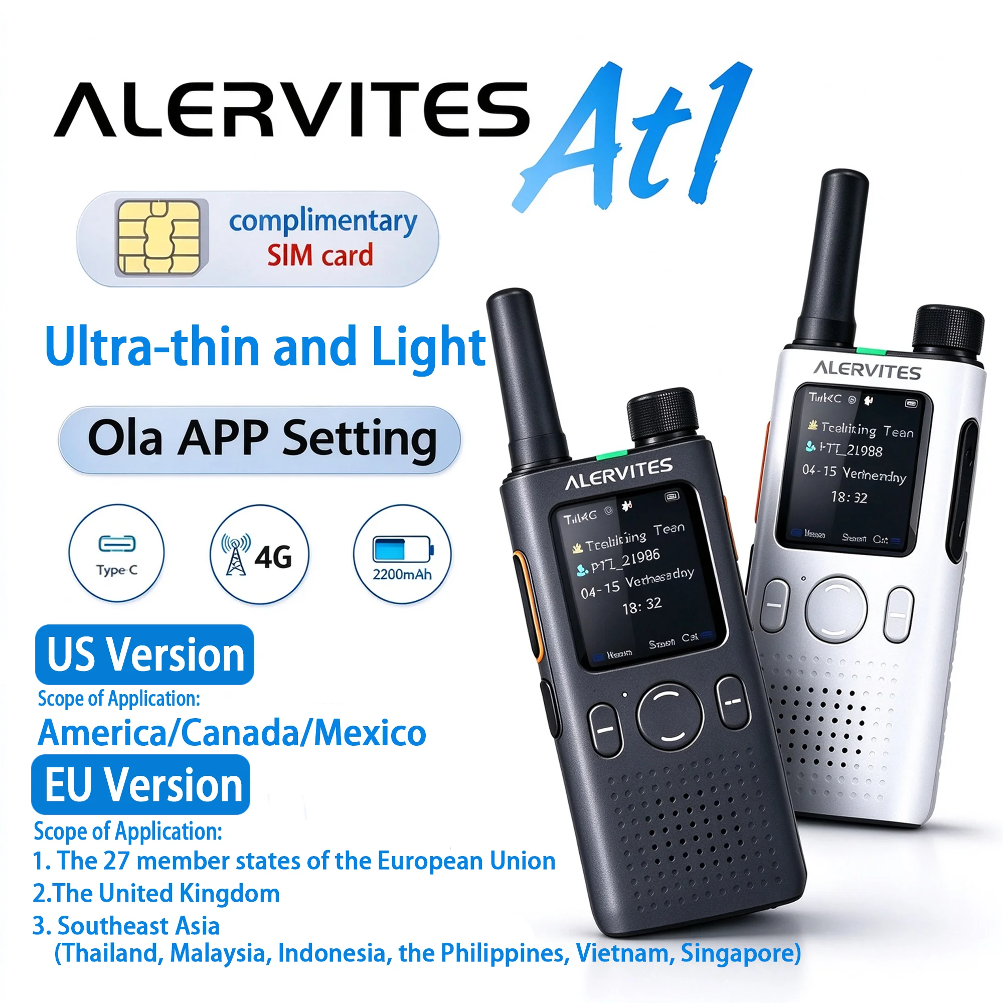 ALERVITES PoC AT1 Global Mini Walkie Talkie 4G LTE 5G PoC Two Way Radio Ola Radio App Type-C Charging Ultra Light Thin US EU Ver