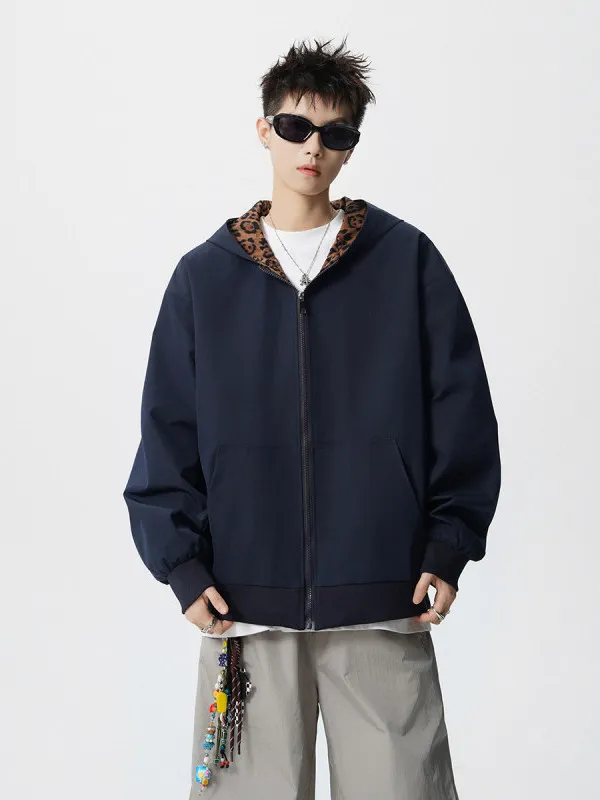 

Мужская куртка в стиле ретро, американский спортив, свободный повседневный топ с капюшоном в стиле пэчворк, леопардовый принт, весенне-осенний модный топ на молнии