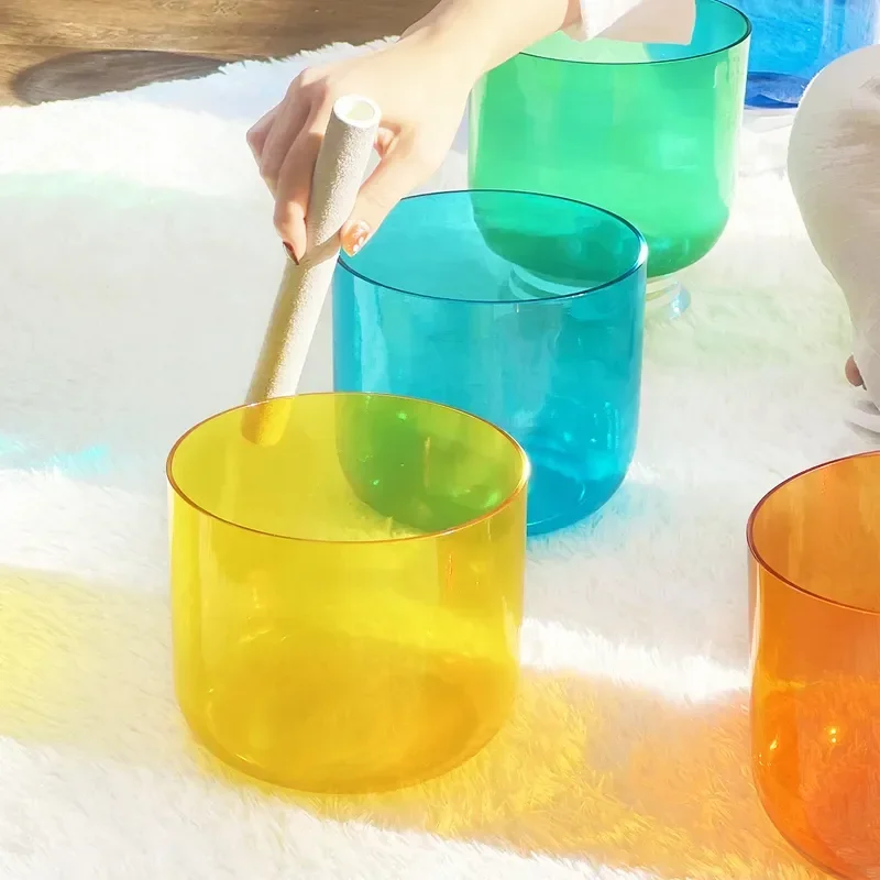 7pcs Alchemy Clear Quartz Crystal Singing Bowls 6 Inch 2pcs,5Inch 2pcs,5.5Inch 1pcs,7 Inch 2pcs Colored Sound Healing with Bags