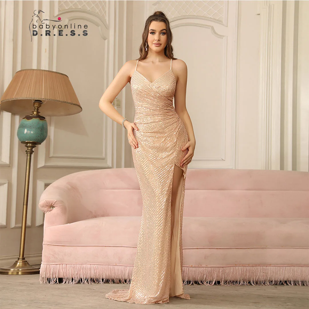 

BABYONLINE Gold Sequin Prom Gown Thigh-high Split Strappy Lace-up on Open Back Floor Sweeping Train Evening Party Dress