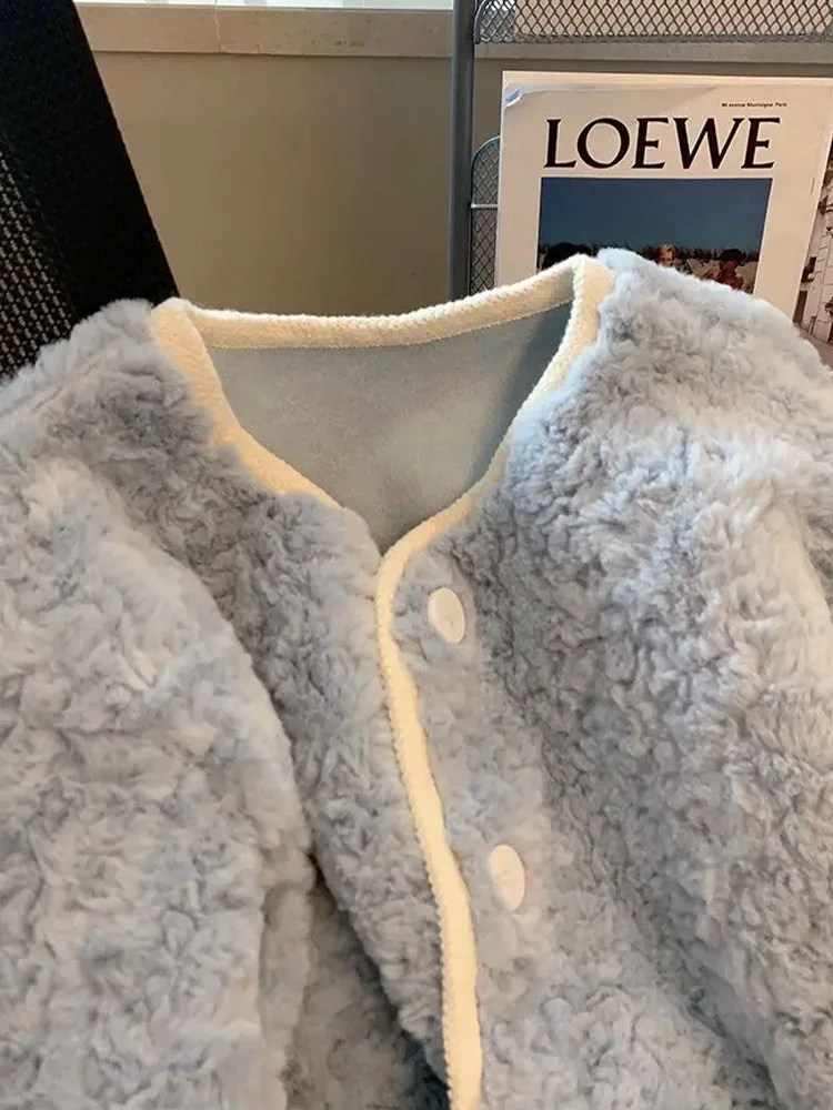 Blaue Lamm wolle Mäntel Frauen koreanische Mode Plüsch jacke weibliche adrette Stil süße Jacken Damen Winter verdicken warme Oberbekleidung