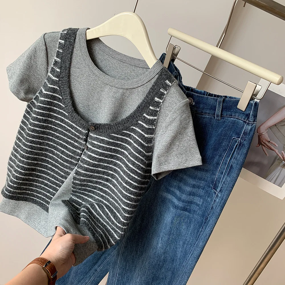 الكورية نمط مخطط محبوك سترة المرأة 2025 الخريف المألوف U الرقبة زرين أكمام ملابس خارجية سترة الإناث تانك القمم #6