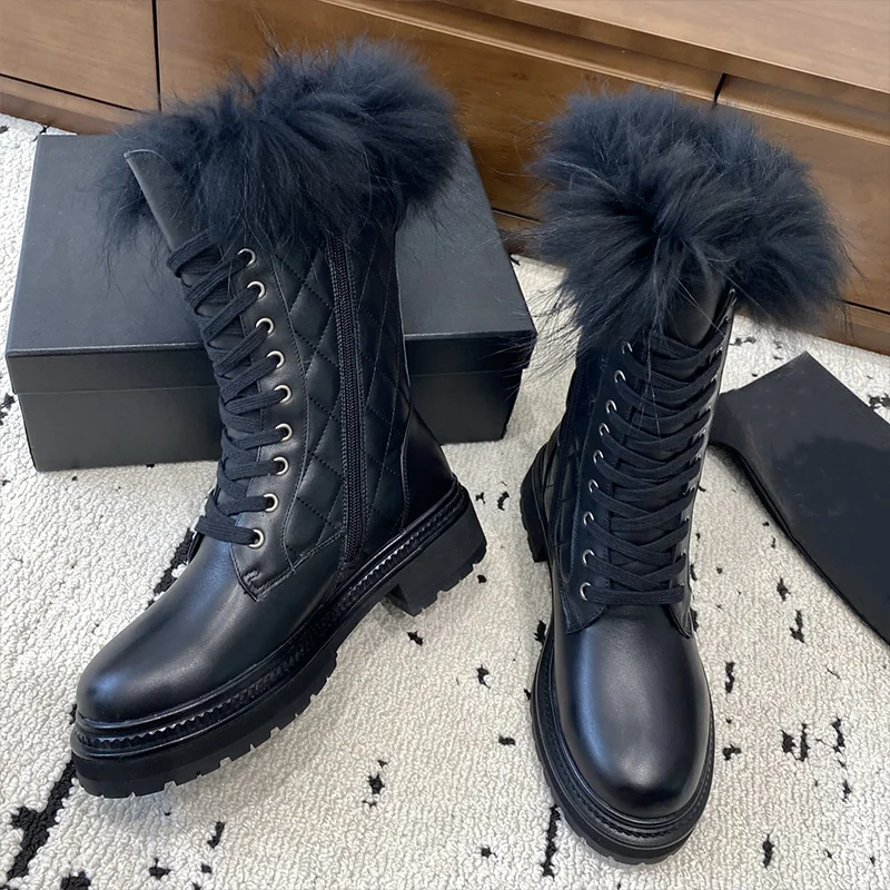 

High quality fall-winter women's thick-soled mid-calf boots. Leather with diamond pattern and fox fur 25110801