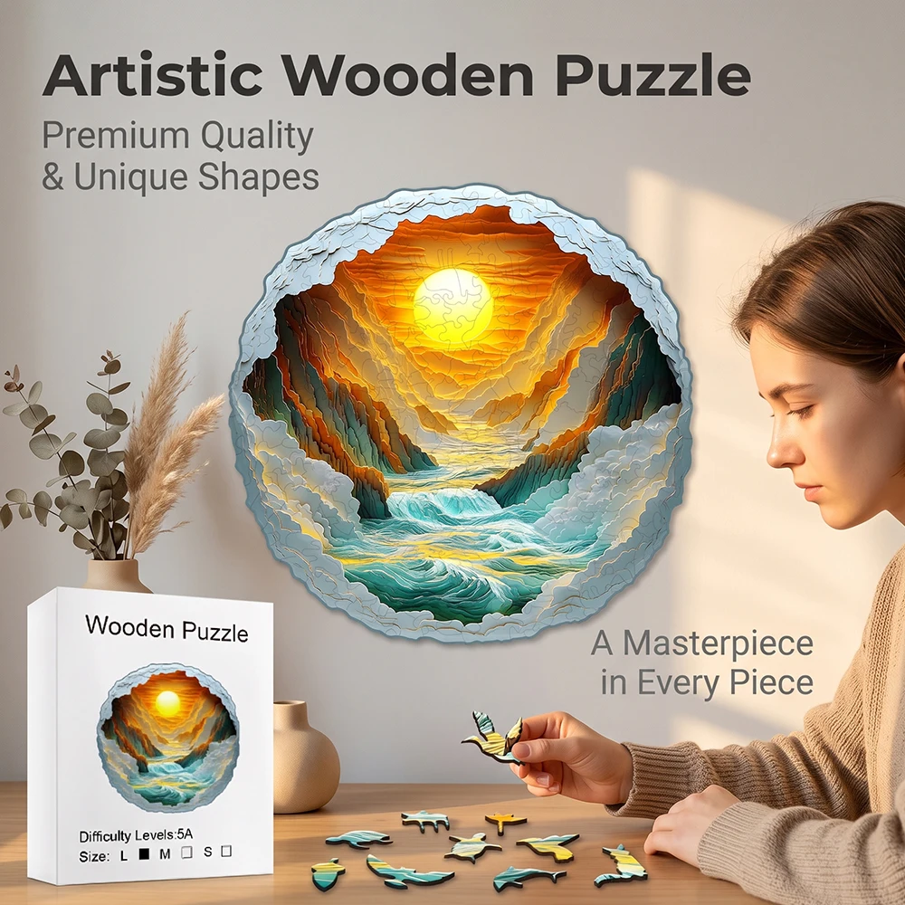 Round Layered Canyon Sunrise Wooden Puzzle Laser Cut Special Silhouette Fragments Challenging Brain Teaser Parent-child Leisure Toy Scenery Art Gift For Puzzle Lovers