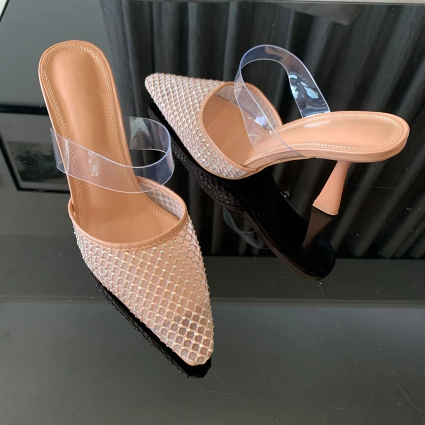 Luxury Woman Sandal Sexy Rhinestones Mesh Pointed Toe Slingback Brand Elegant Party High Heels Shoes for Lady Summer Footwear