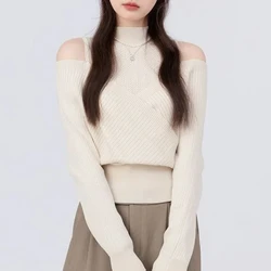 French Style Autumn New Women Sweater Fashion Sweaters Mock Neck Off Shoulder Patchwork Loose Long Sleeve Pullovers Knitted Tops