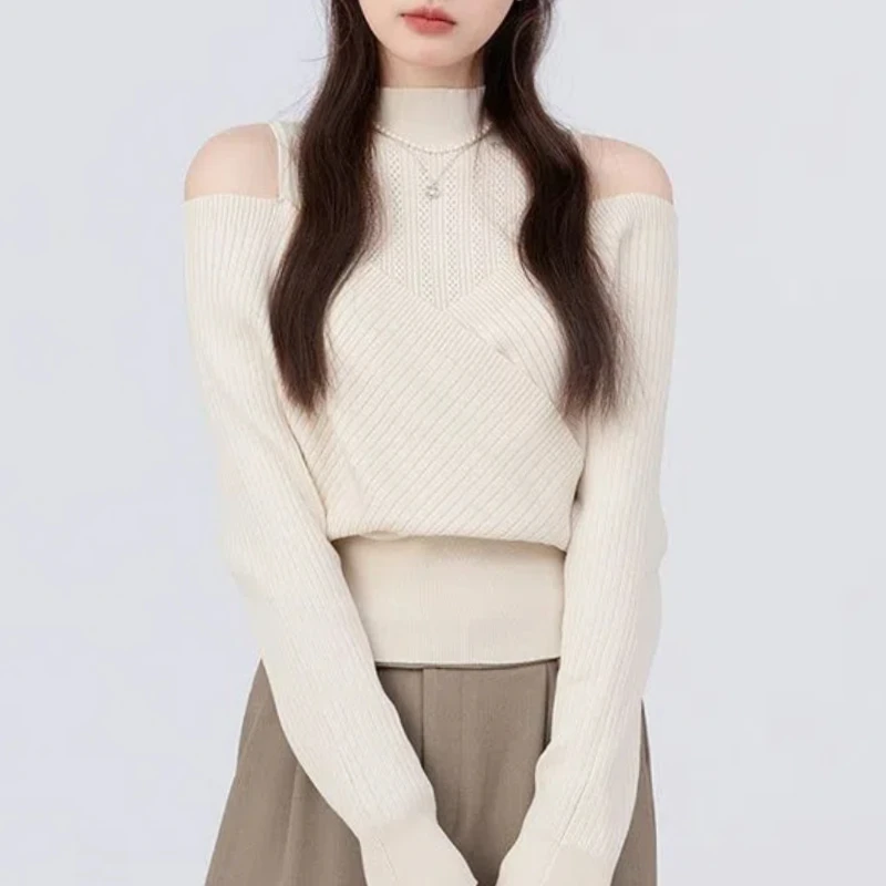 French Style Autumn New Women Sweater Fashion Sweaters Mock Neck Off Shoulder Patchwork Loose Long Sleeve Pullovers Knitted Tops