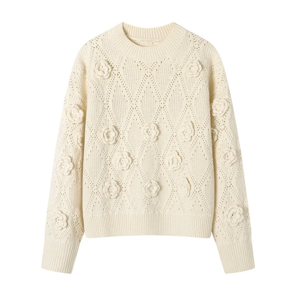 

Women's 3D Flower Hollow Slim Fit Sweater Elegant Top for Autumn New Arrival