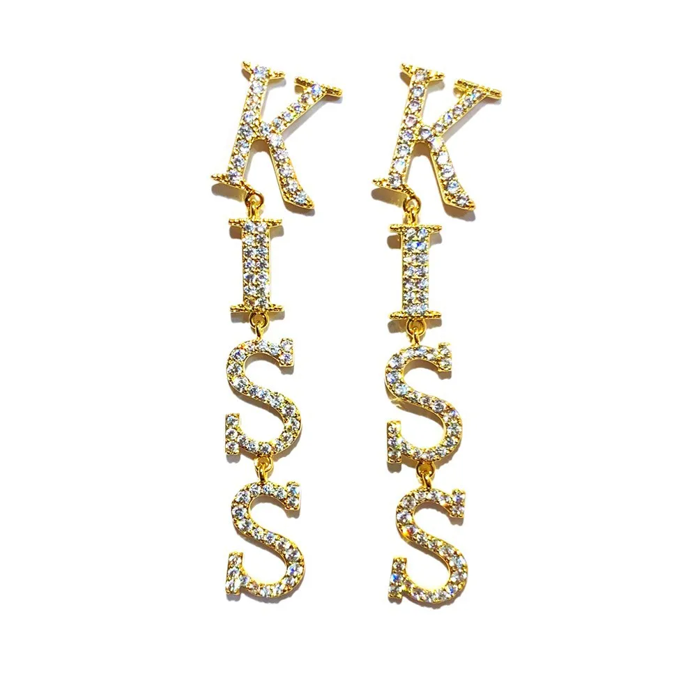 

European Hot-selling Kiss Full Rhinestones Ear Threader Drop Dangles Bling Fashion Long Bold Letter Earrings Party Accessory