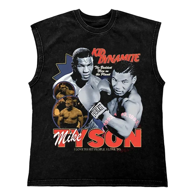 Hip Hop Streetwear T Shirt Men Washed Vest Oversized Cotton Combat Boxing Portrait Graphic Tank Tops 270Gym Tee Top Men Clothing