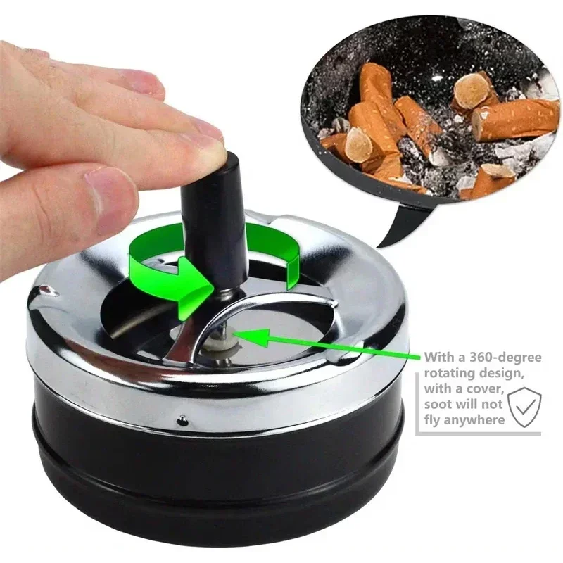 Cool Ashtray Stainless Steel Push Down Spinning Ashtray Self-Cleaning Ashtray With Lid Cover Ash Tray for Cigarette Smoking