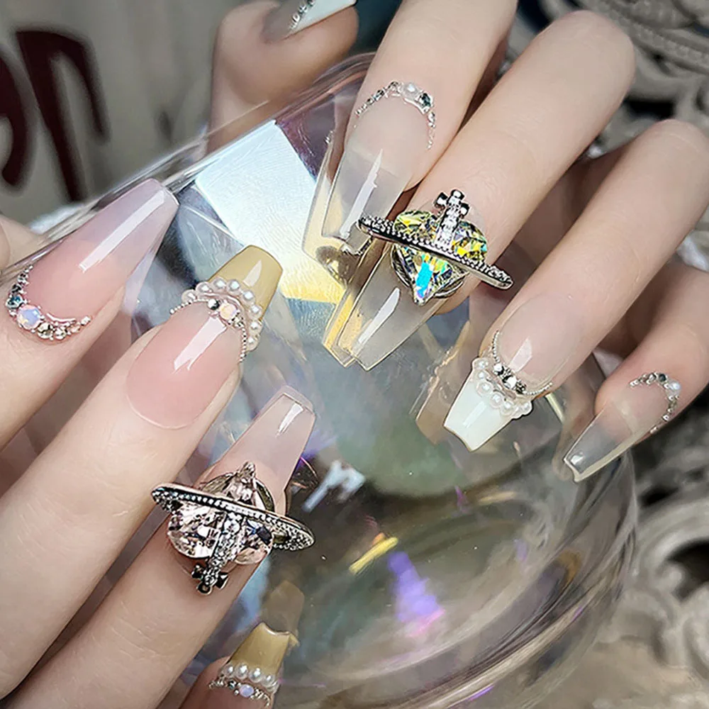 10Pcs 3D Alloy Crooked Heart Saturn Planet Nail Art Charms Gold/Silver Accessories Large Crystal Cross 13/18mm Shiny Nail Parts