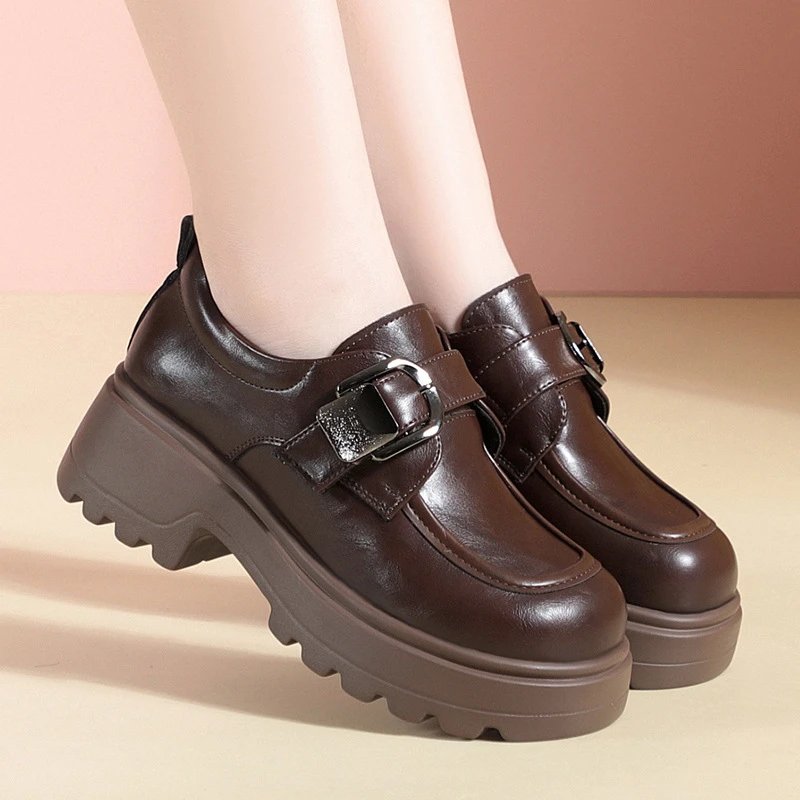

Brown Wedge Platform Shoes Double Buckle Brogue Details Comfortable Thick Sole Non Slip Elegant Dress Shoes For Daily Wear