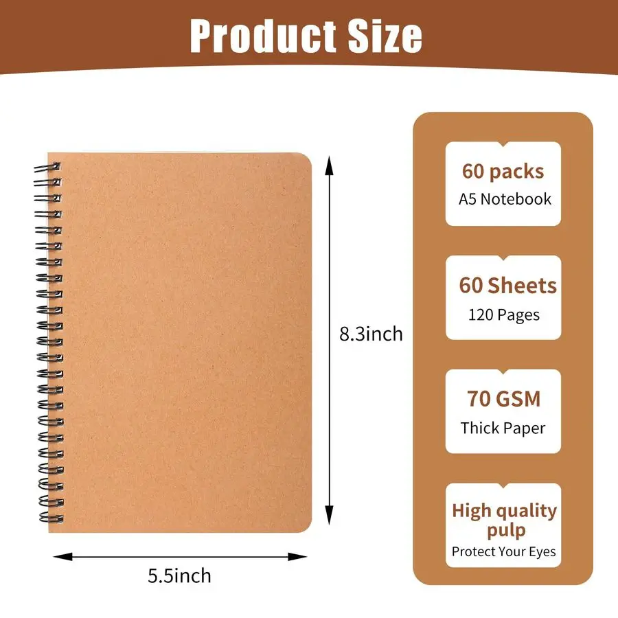 

60 Packs A5 Spiral Lined Notebooks, Kraft Paper Cover, 8.35.5, 60 Sheets 120 Pages, Ruled Notebooks Bulk, Hardcover Journal Note