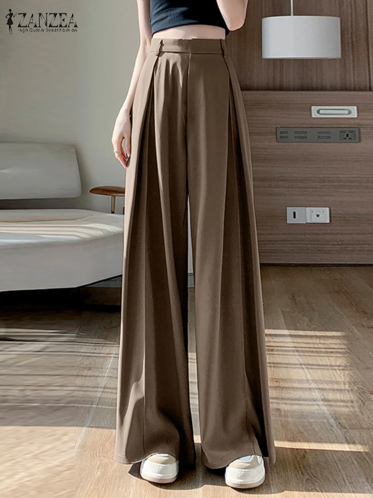 

ZANZEA Streetwear Loose Pantalon 2025 Summer Women Trousers Elegant High Waist Solid Work Palazzo Fashion Casual Wide-Leg Pants