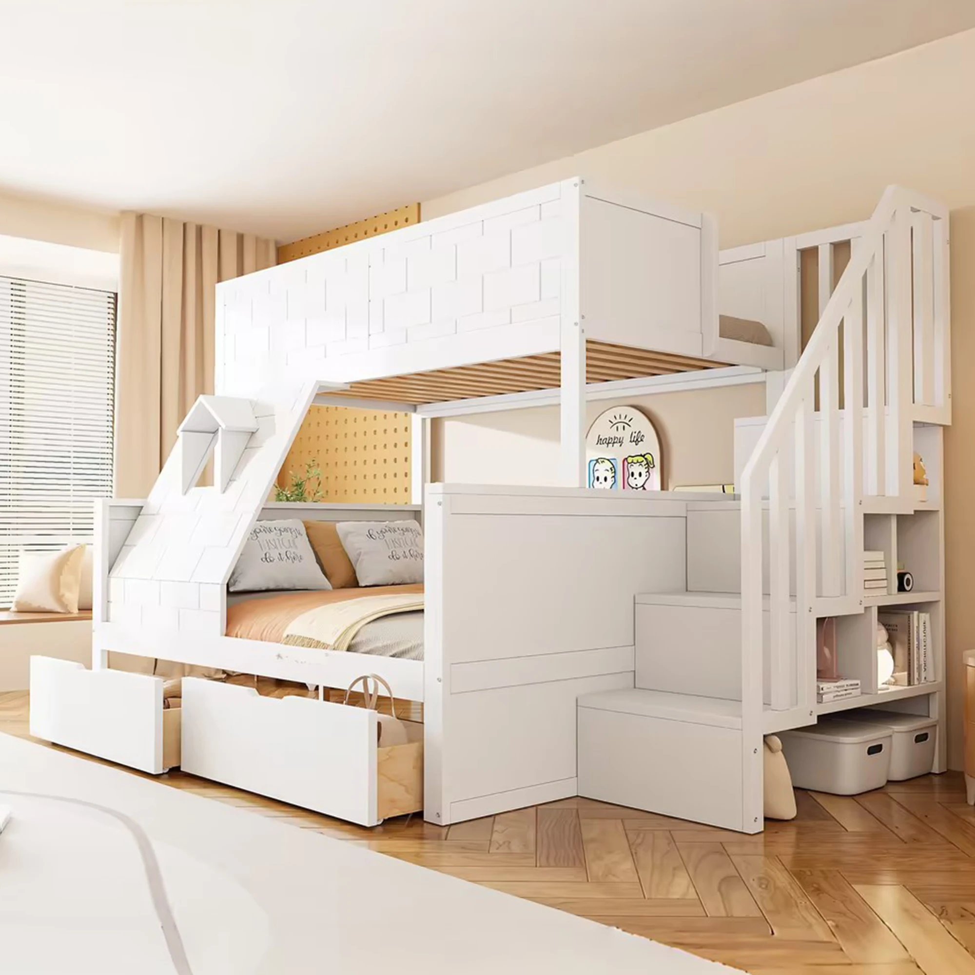 Cama litera infantil de madera maciza 90x200cm superior / 140x200cm inferior, escalera segura con cajones de almacenamiento y ventana decorativa, ideal para dormitorio infantil