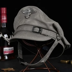 Retro 2024 Navy Peaked Sailor Cap Men Women Spring Beret Hat Male Canvas Grey Eagle Belt Locomotive German Captain Casquette