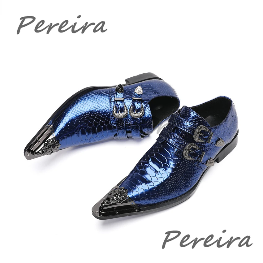

Blue Iron Pointed Toe Business Casual Shoes British Style Metal Buckle Genuine Leather Low Heel Oxfords Party Banquet Shoes