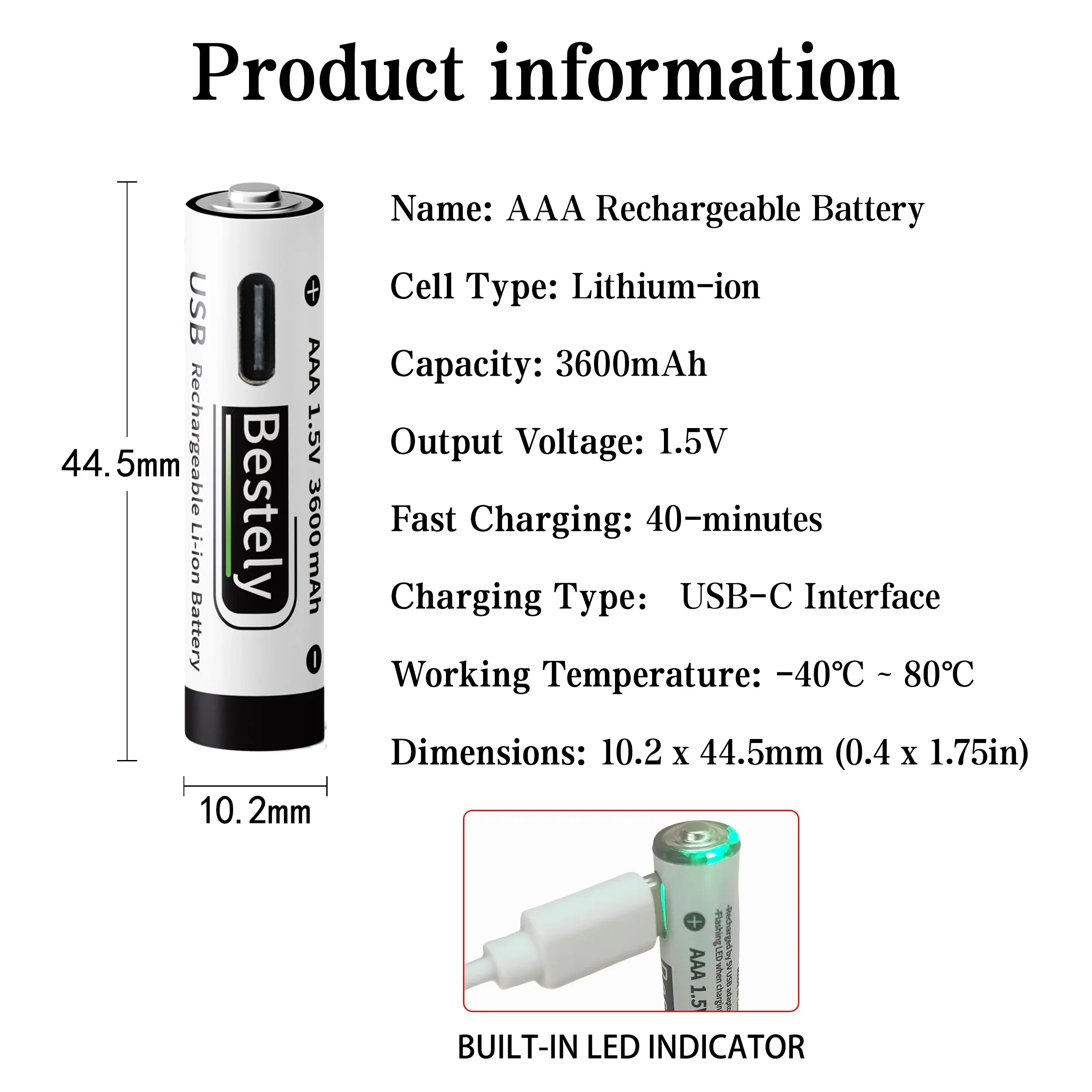 새로운 USB-C 1.5v AAA 3600mAh 충전식 리튬 이온 배터리, 충전식 AAA 리튬 이온 타입-C 배터리, 케이블 포함 2000회 사이클