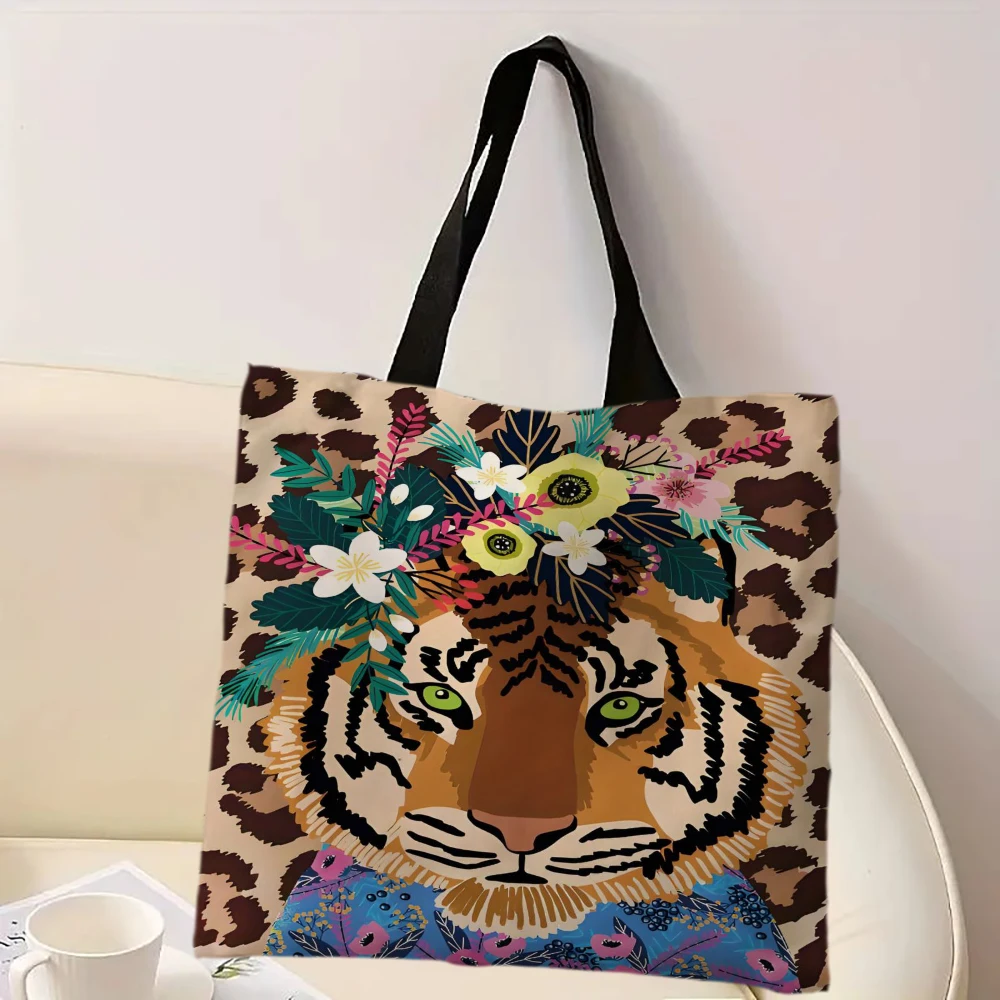 عنصر الحيوان 1 قطعة توضيح نمر يرتدي إكليلًا، حقيبة حمل خلفية بطبعة الفهد، مثالية للتسوق