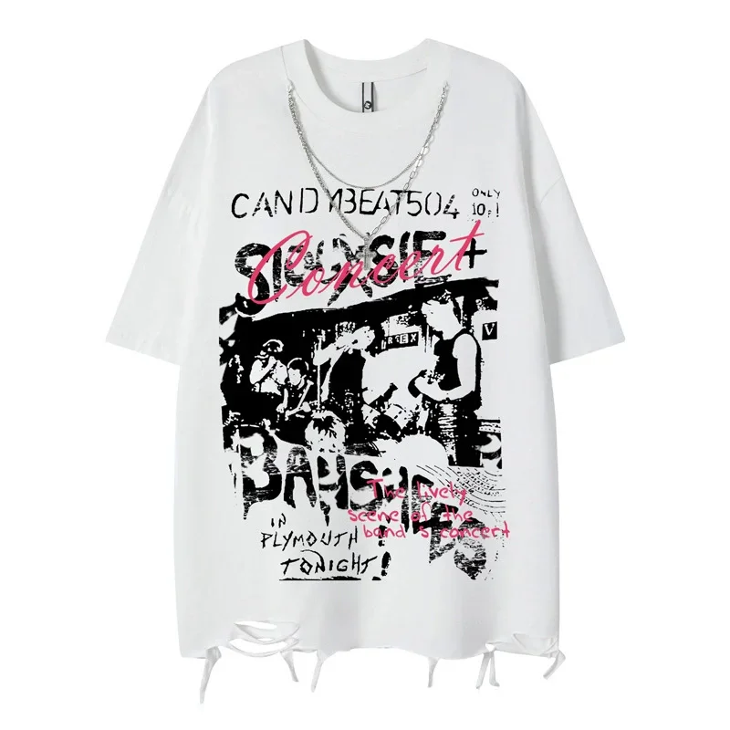 Graffiti T Shirt Men Y2K Concert Tee With Ripped Hem Harajuku Style Vintage Band Print White Top